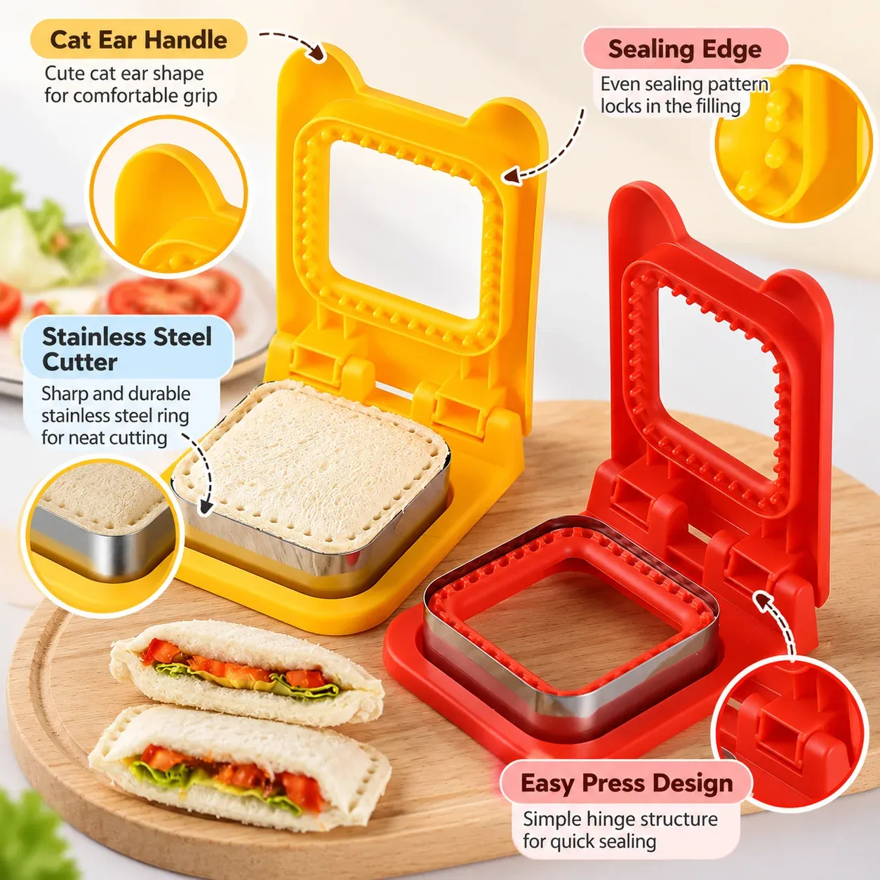 Moule 2 en 1 de qualité alimentaire pour découper et sceller sandwichs, pains carrés, pâtisseries, biscuits et bento 6