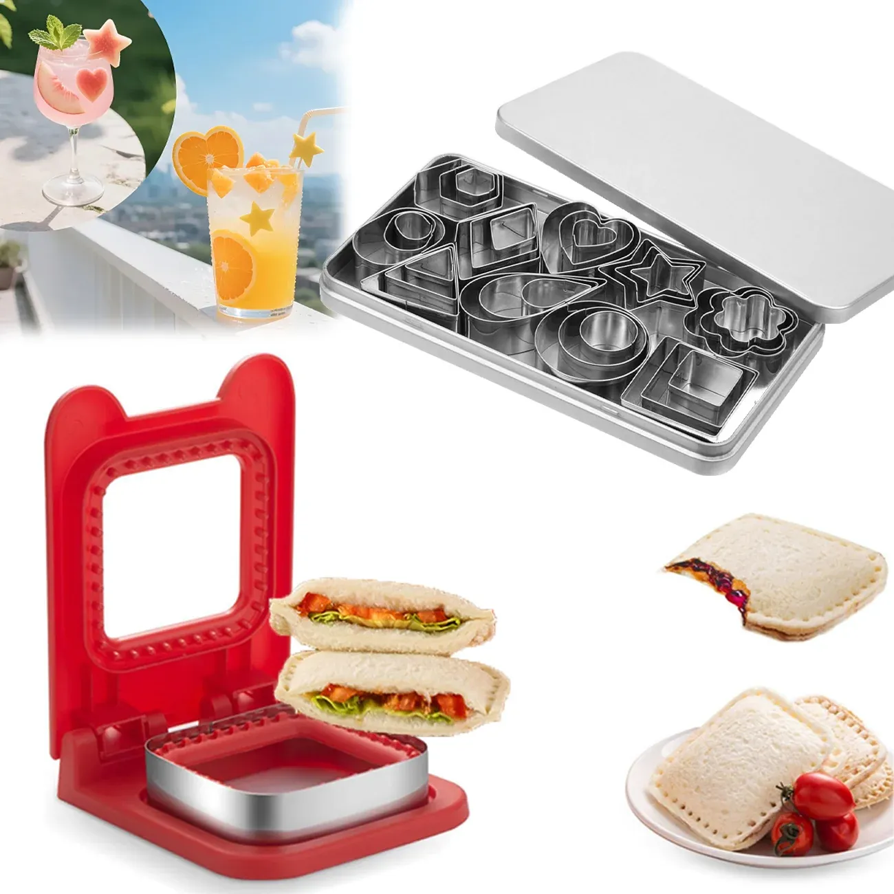 Moule 2 en 1 de qualité alimentaire pour découper et sceller sandwichs, pains carrés, pâtisseries, biscuits et bento 12