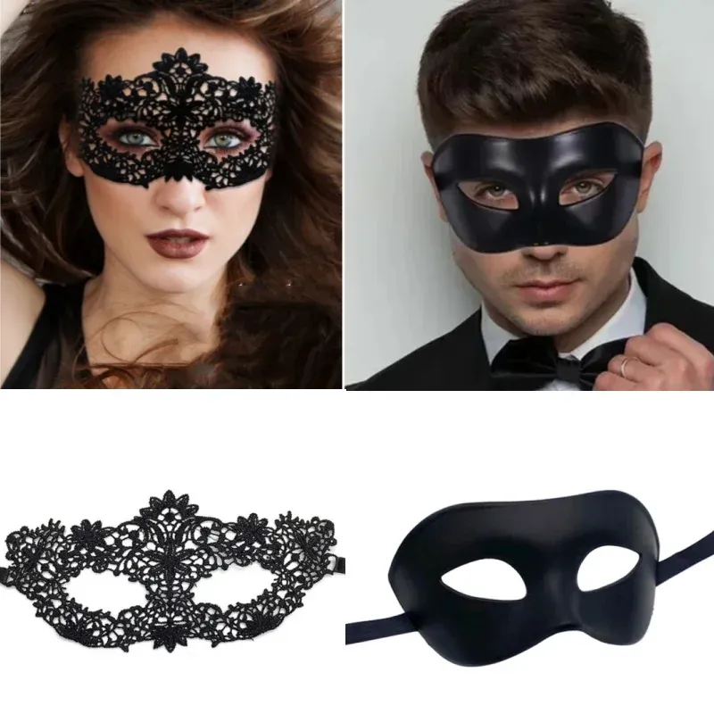 Masque vénitien noir sexy pour homme et femme, demi-masque de bal masqué pour couple, accessoire de cosplay pour Halloween et carnaval - Image 1