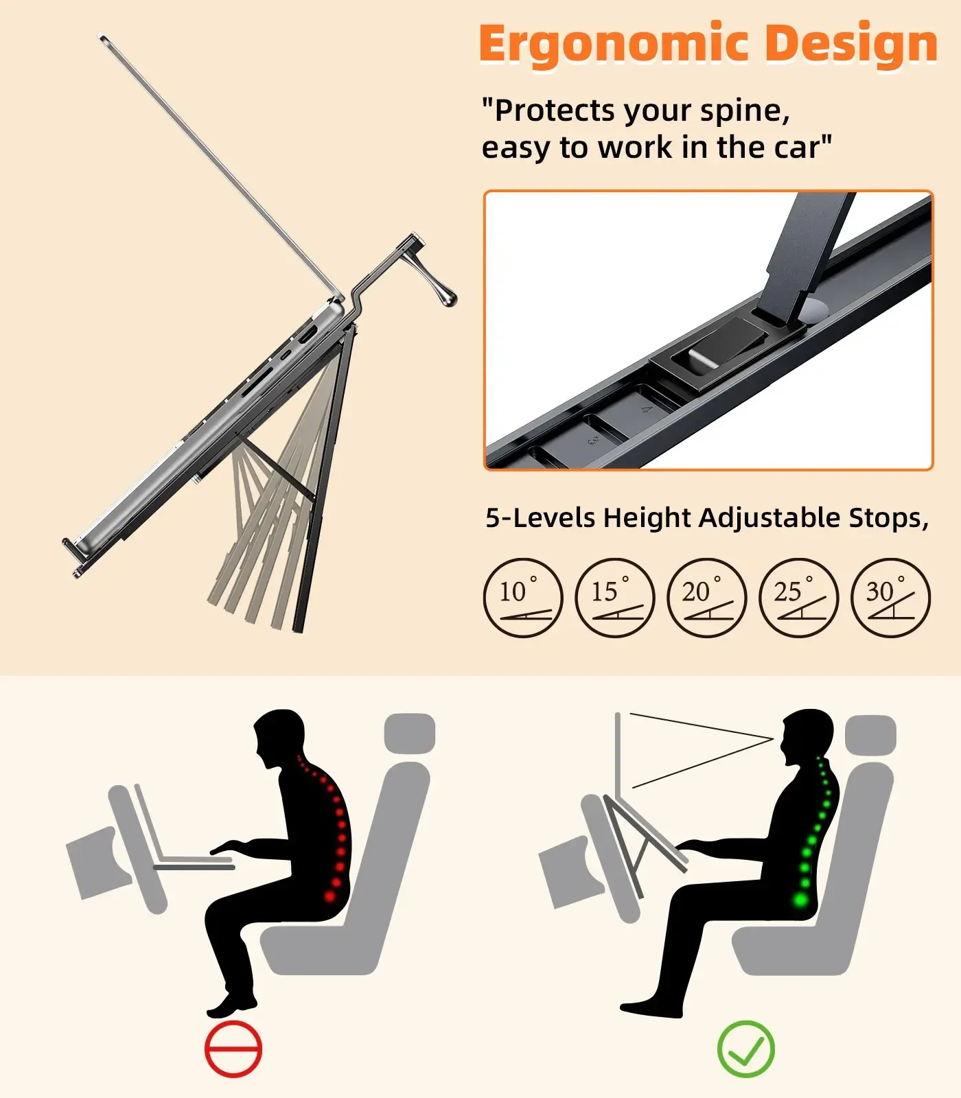 Support d'ordinateur portable pour volant de voiture en métal, Hipacool, réglable sur 5 niveaux, en alliage d'aluminium 3