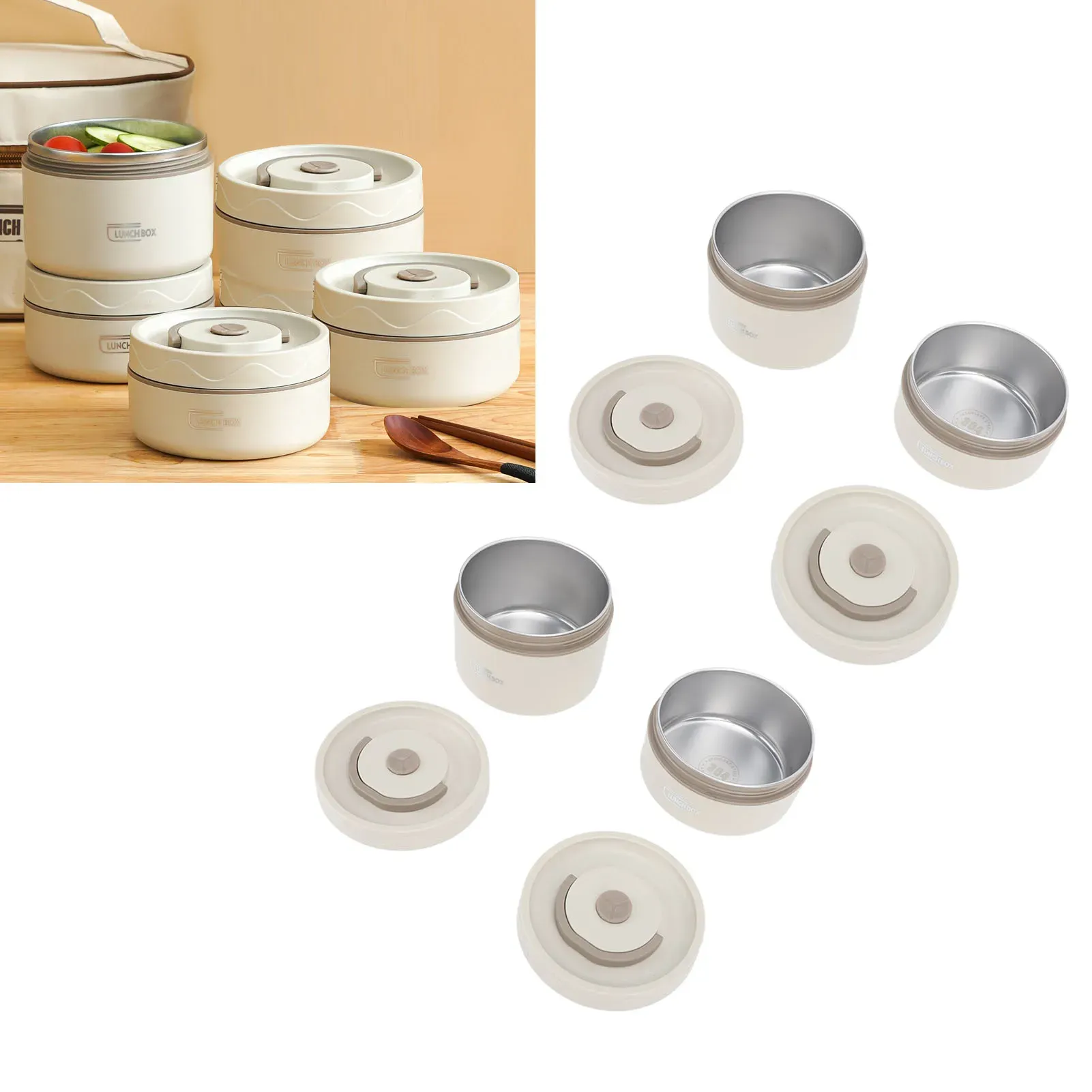 Boîte à bento ronde portable multifonction en acier inoxydable 304 scellée, récipient à déjeuner isolé avec sac thermique 2