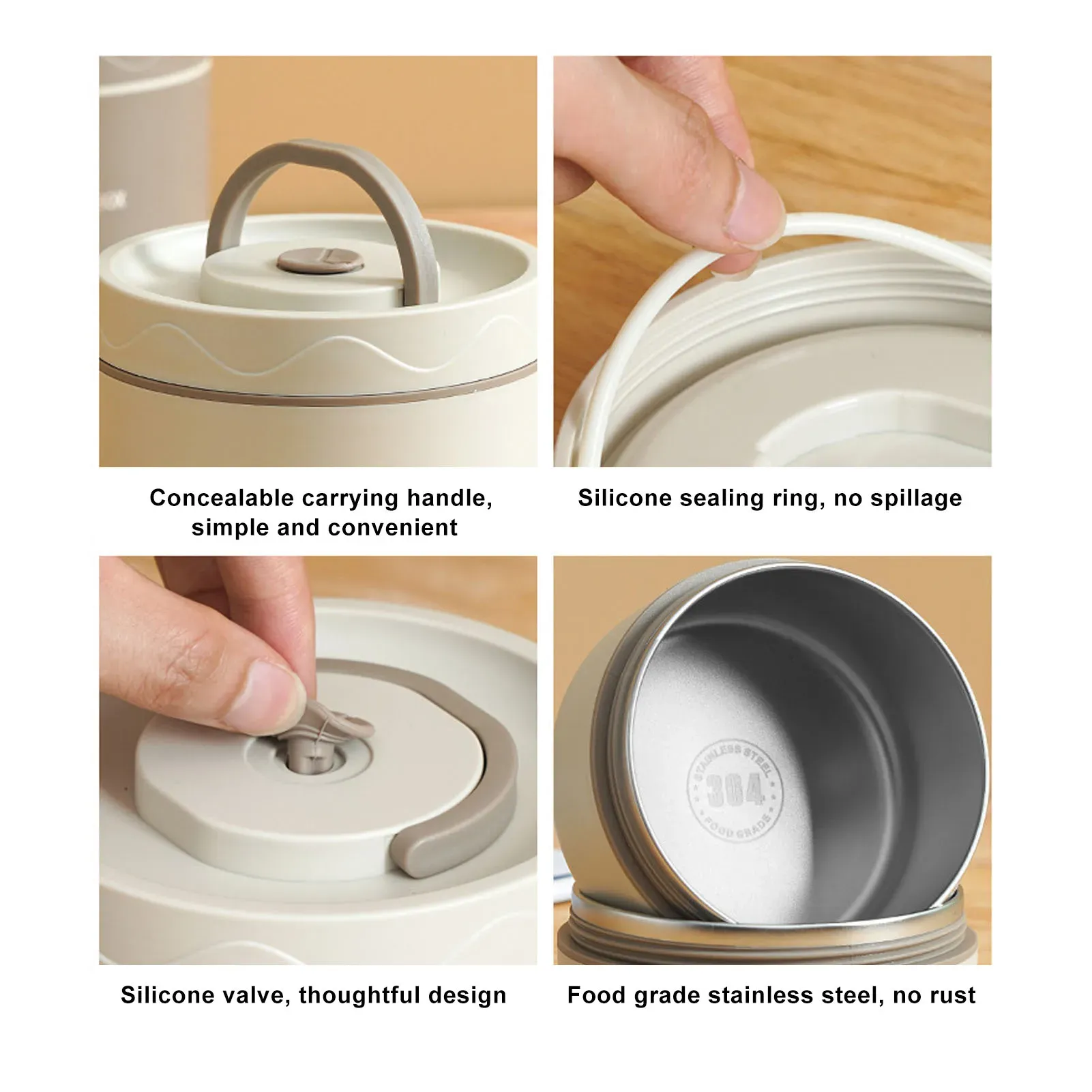 Boîte à bento ronde portable multifonction en acier inoxydable 304 scellée, récipient à déjeuner isolé avec sac thermique 4