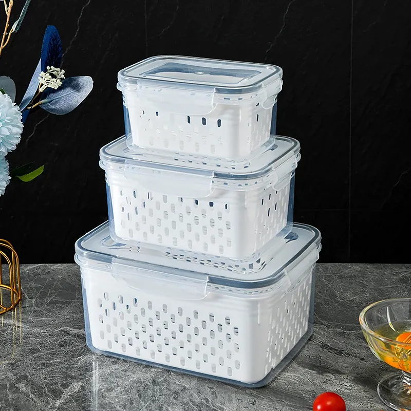 Ensemble de récipients de stockage alimentaire transparents pour réfrigérateur, avec couvercles et passoire - Image 1