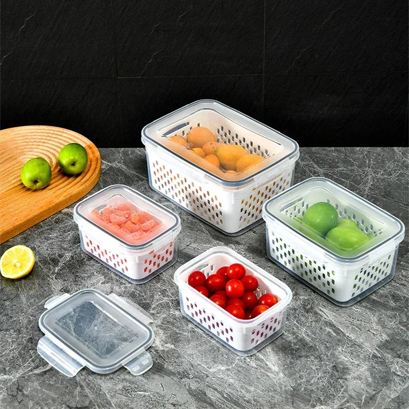 Ensemble de récipients de stockage alimentaire transparents pour réfrigérateur, avec couvercles et passoire 2