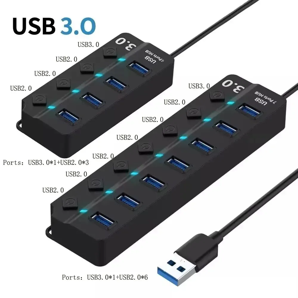 Hub USB 3.0 à 4 ou 7 ports, interrupteurs indépendants, compatible ordinateurs portables, clés USB, disques durs, imprimantes et appareils photo