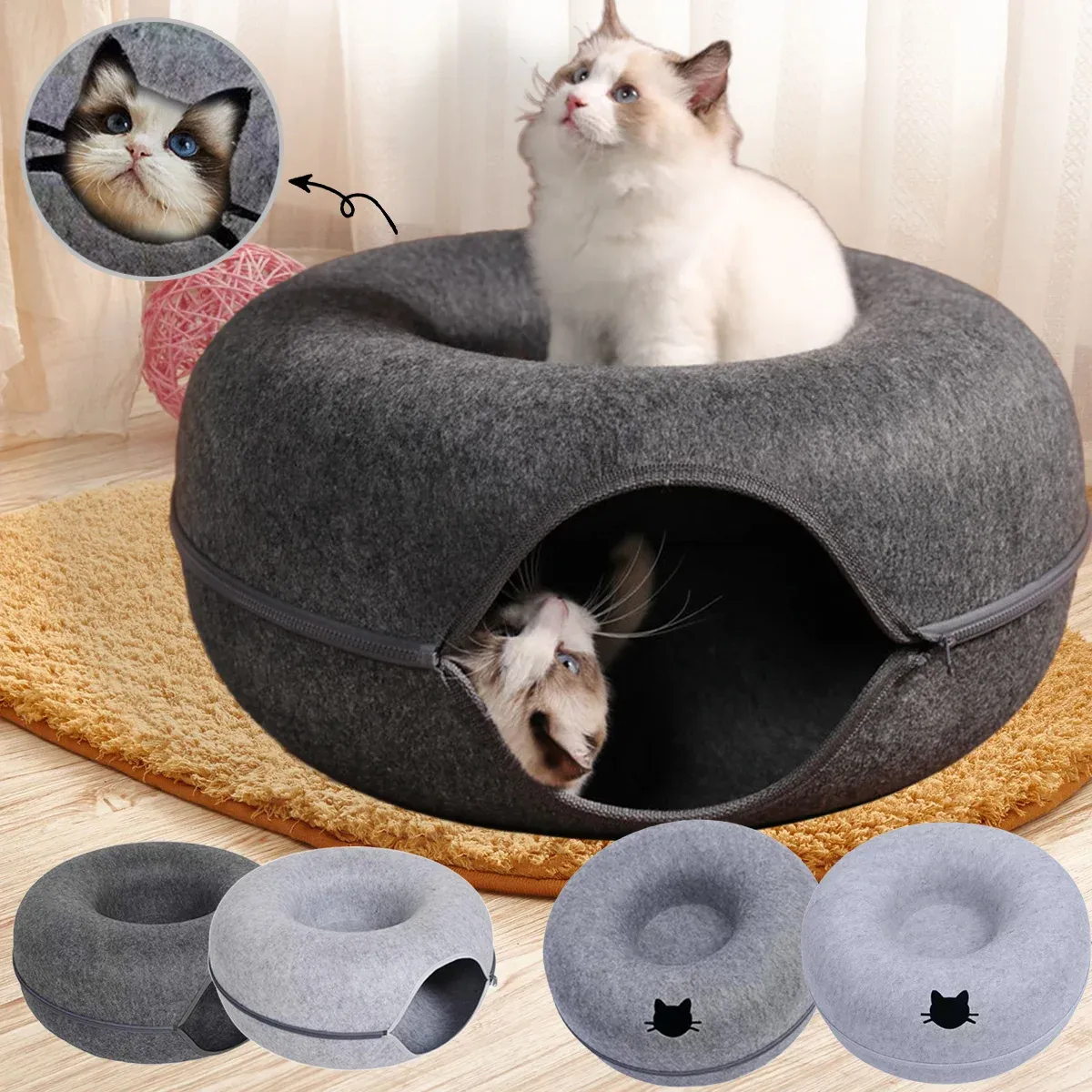 Lit beignet en feutre pour chat avec tunnel 2 en 1 et trou d'observation - Image 1