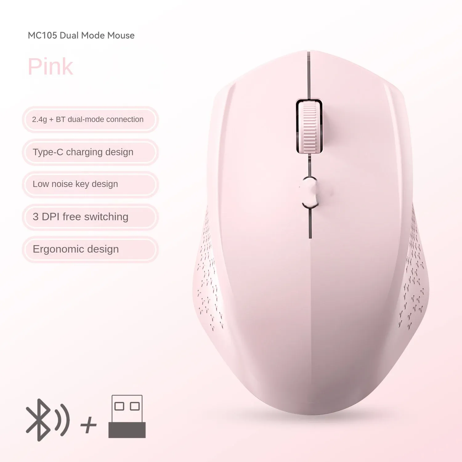 Souris ergonomique sans fil Bluetooth 5.2 et USB 2,4 GHz, 1600 DPI, rechargeable, compatible MacBook, tablette et ordinateur portable 10