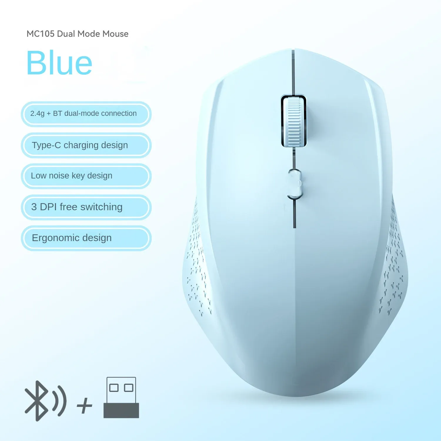 Souris ergonomique sans fil Bluetooth 5.2 et USB 2,4 GHz, 1600 DPI, rechargeable, compatible MacBook, tablette et ordinateur portable 11