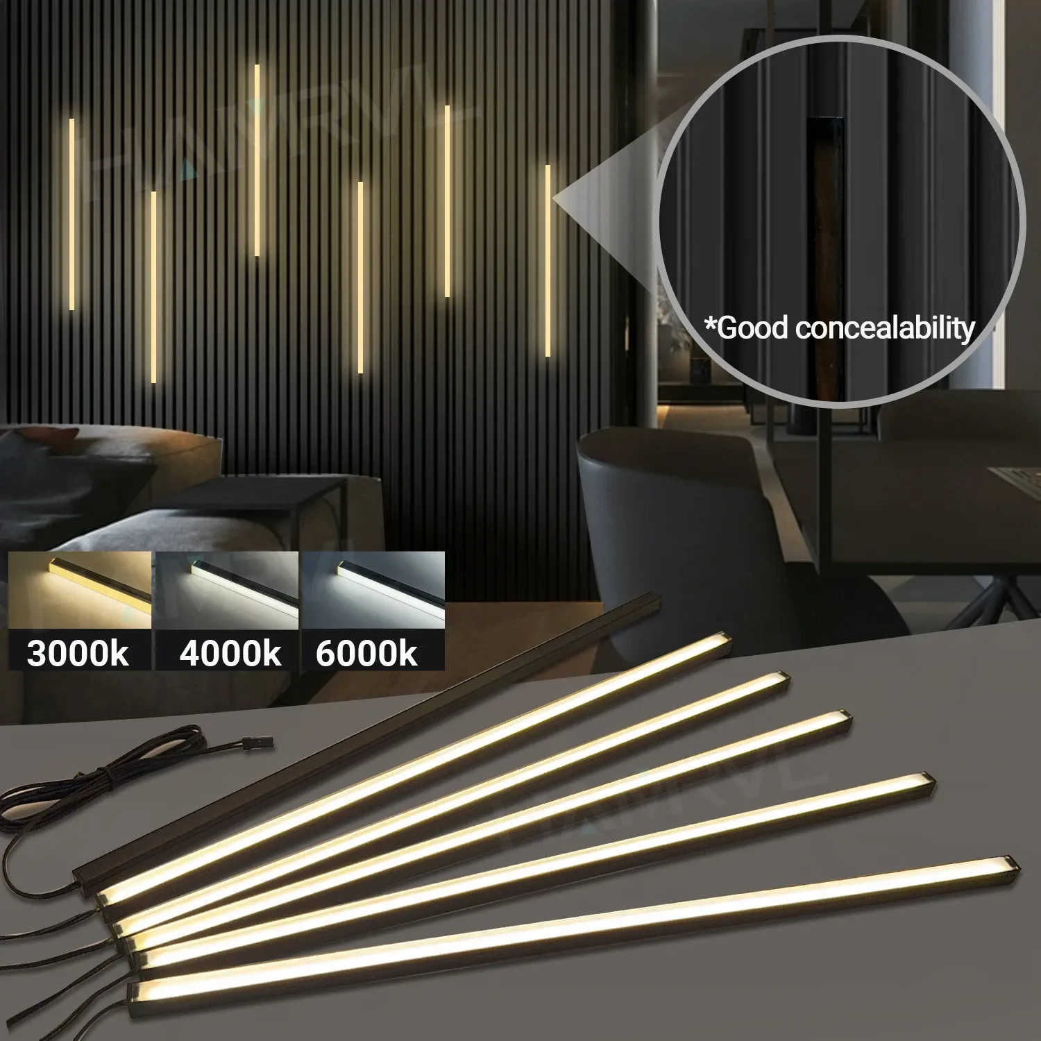 Bande LED encastrable pour panneau mural en lattes de bois, avec capteur tactile en parallèle et adhésif au dos pour la décoration murale - Image 1