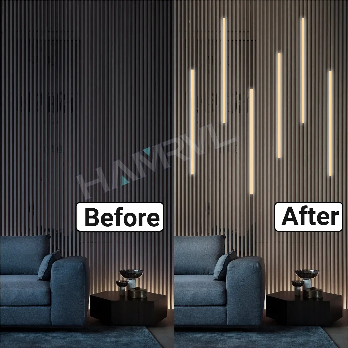 Bande LED encastrable pour panneau mural en lattes de bois, avec capteur tactile en parallèle et adhésif au dos pour la décoration murale 2