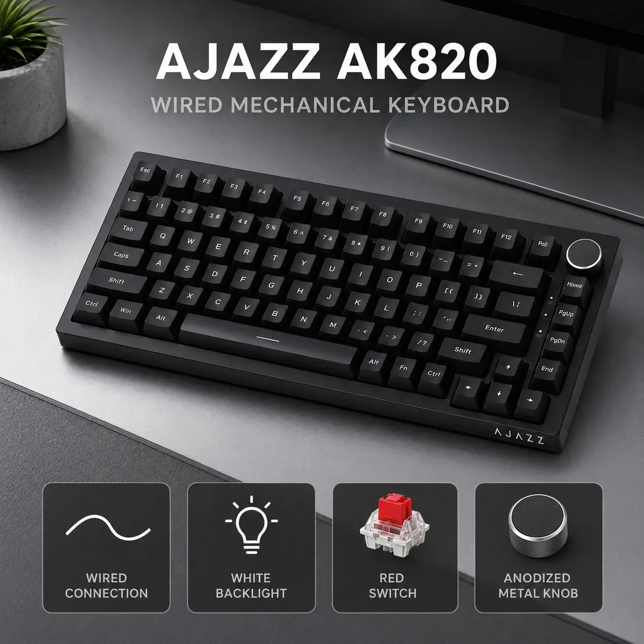 Clavier mécanique AJAZZ AK820 / AK820 PRO, disposition 75 %, touches PBT OEM, rétroéclairage RGB, anti-ghosting intégral, connexion USB Type-C
