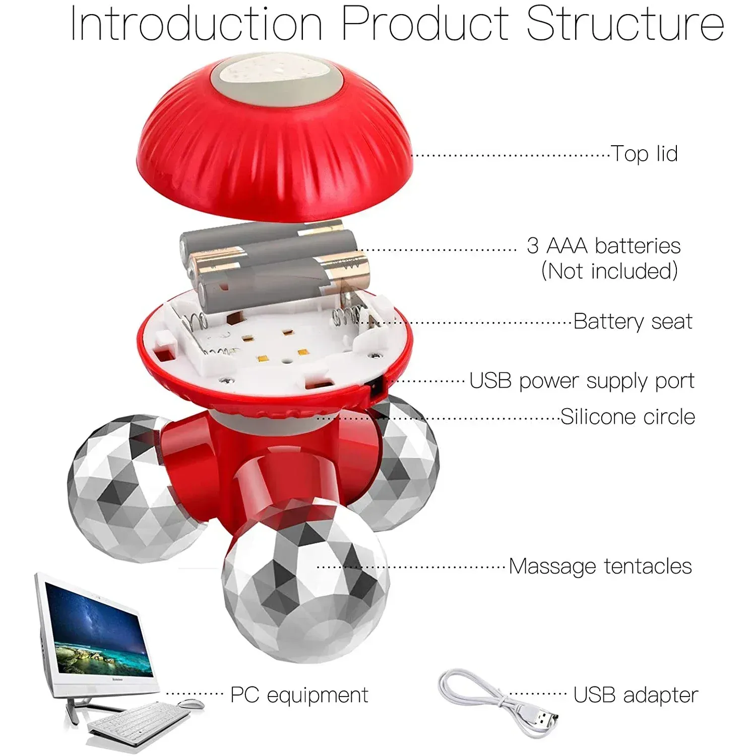 Mini masseur vibrant portatif 4 en 1 avec 3 têtes de massage interchangeables pour la relaxation et le soulagement des tensions musculaires 3