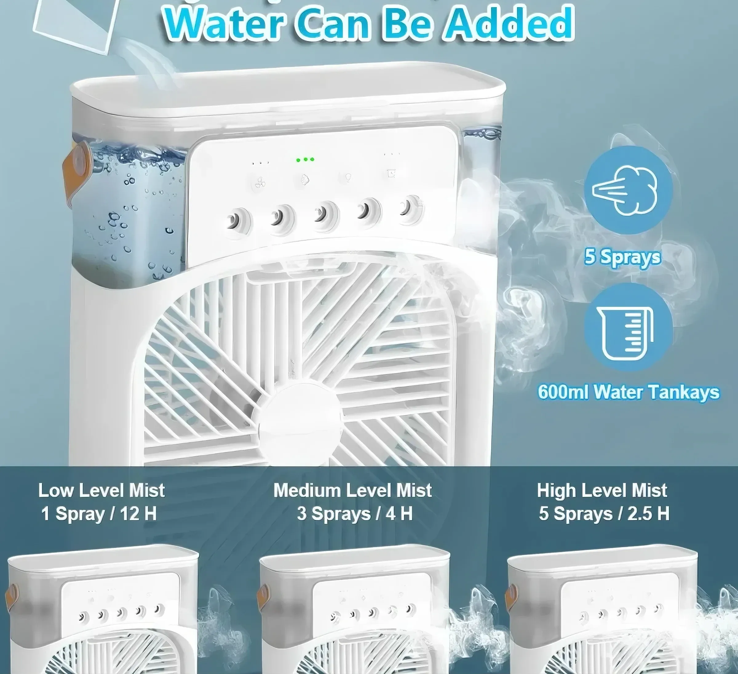 Mini ventilateur rafraîchisseur d'air portable 3 en 1 avec humidificateur, veilleuse LED et minuterie 1 à 3 h 3