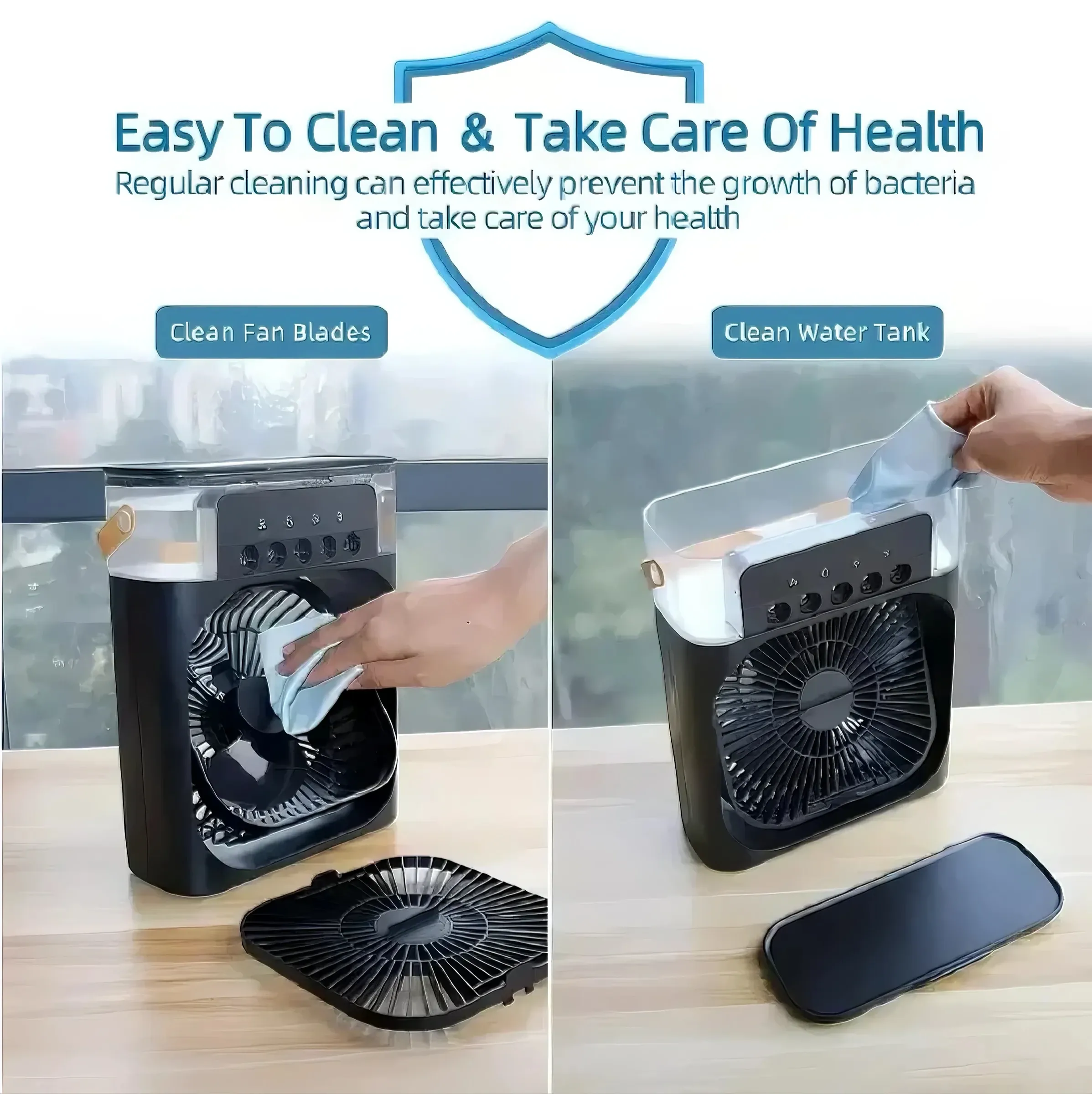 Mini ventilateur rafraîchisseur d'air portable 3 en 1 avec humidificateur, veilleuse LED et minuterie 1 à 3 h 4