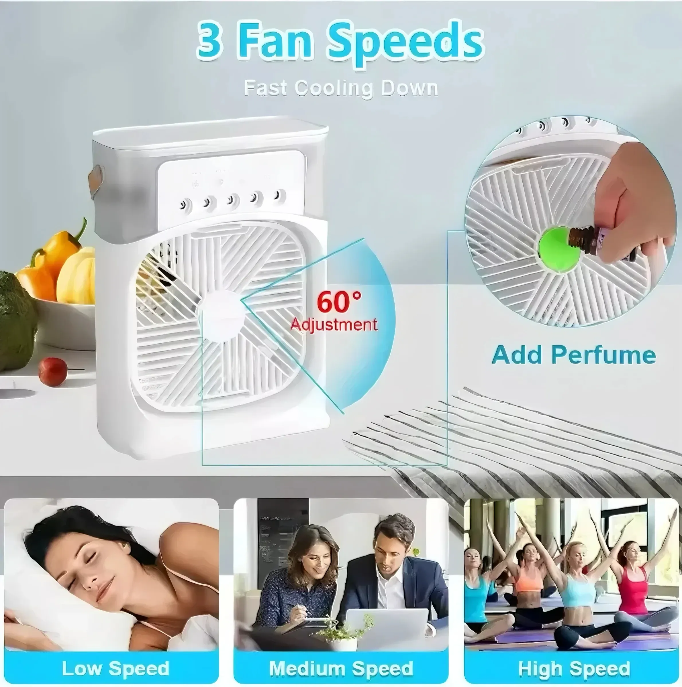 Mini ventilateur rafraîchisseur d'air portable 3 en 1 avec humidificateur, veilleuse LED et minuterie 1 à 3 h 5