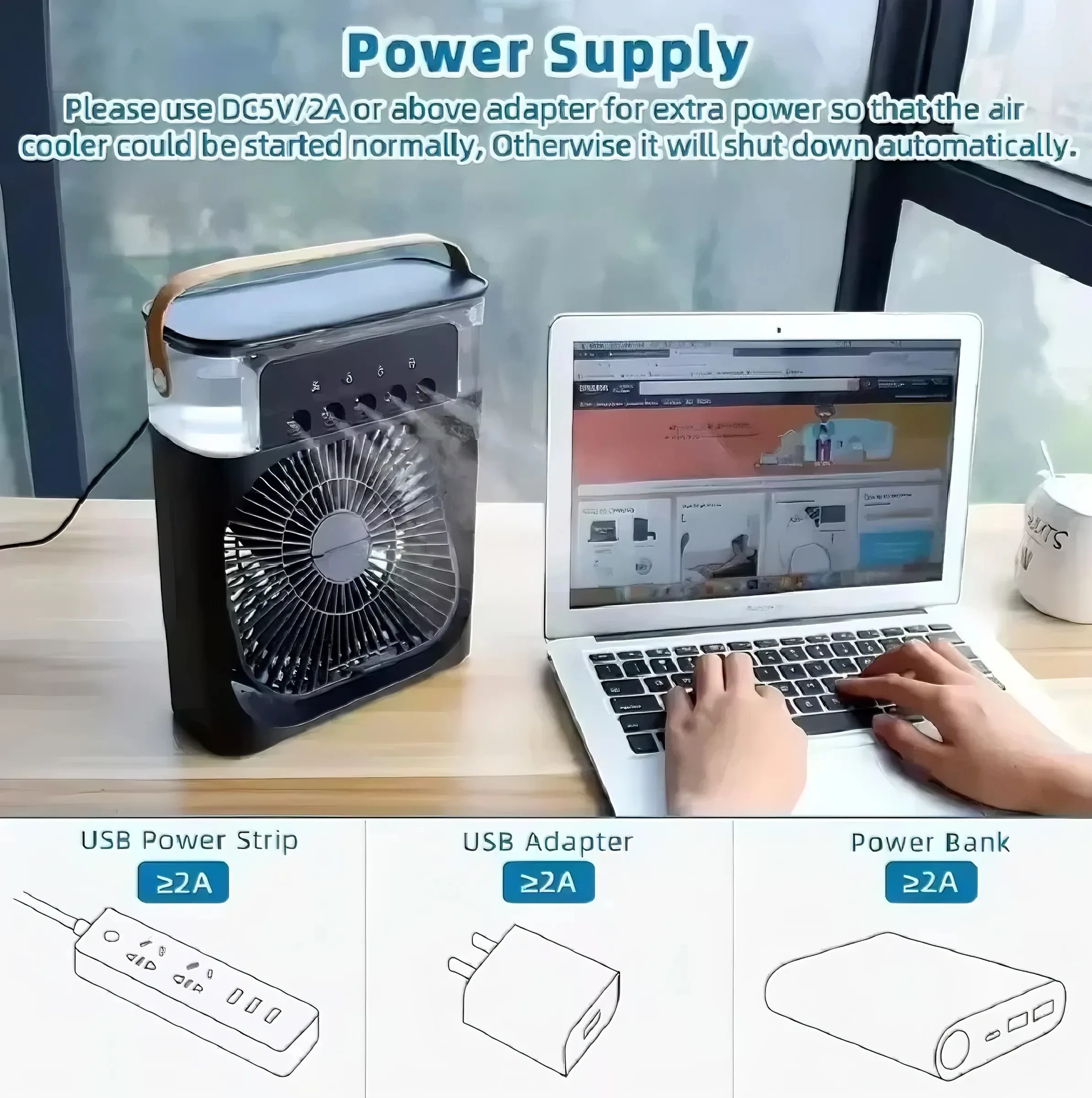Mini ventilateur rafraîchisseur d'air portable 3 en 1 avec humidificateur, veilleuse LED et minuterie 1 à 3 h 6