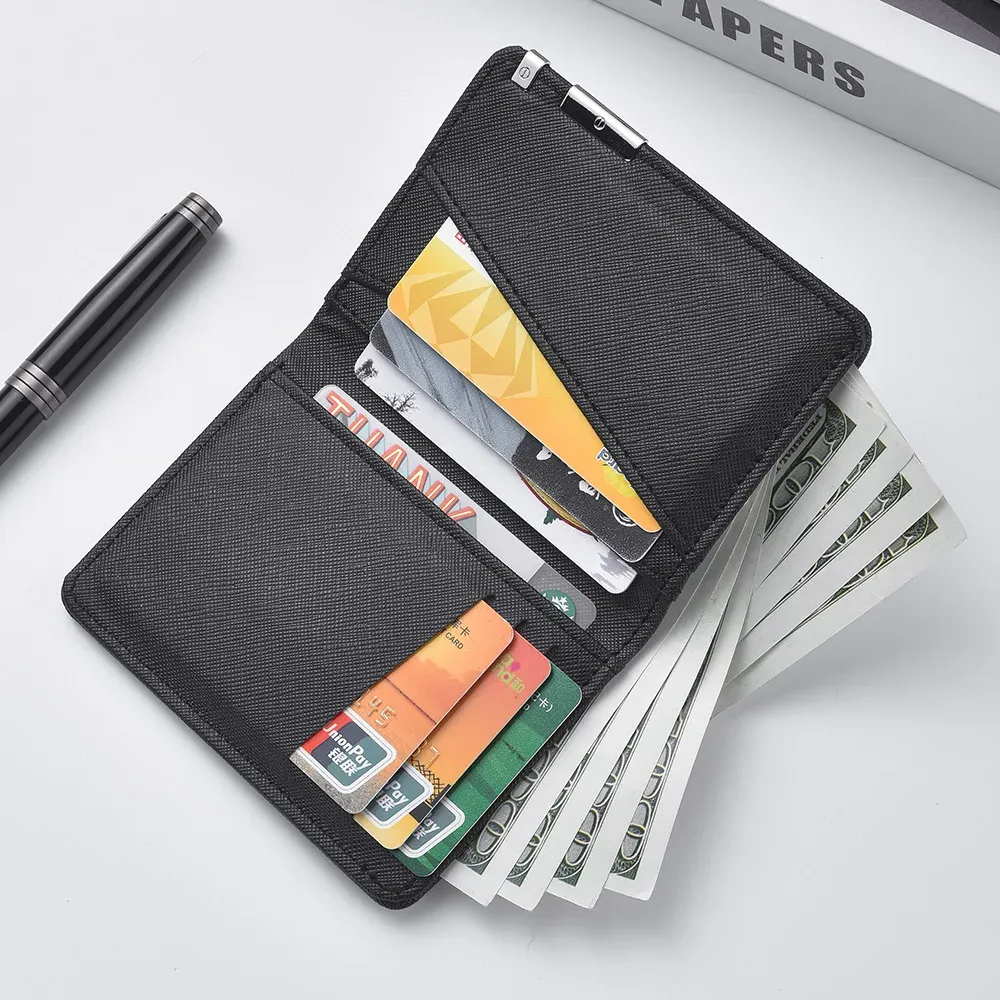 Petit portefeuille mince style business en simili cuir noir – Nombreux emplacements pour cartes et permis de conduire, motif géométrique