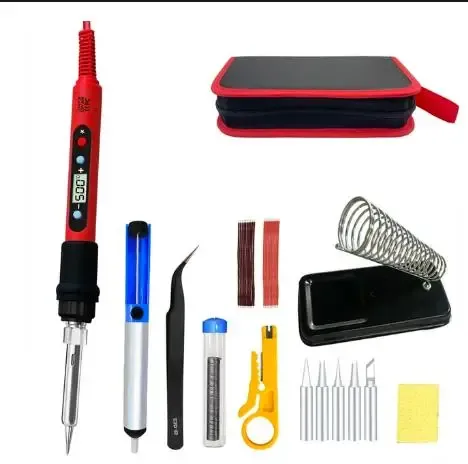 Kit de fer à souder 80 W à température réglable avec écran LCD, chauffage céramique, pointes de soudage, pincettes et fil à souder 11