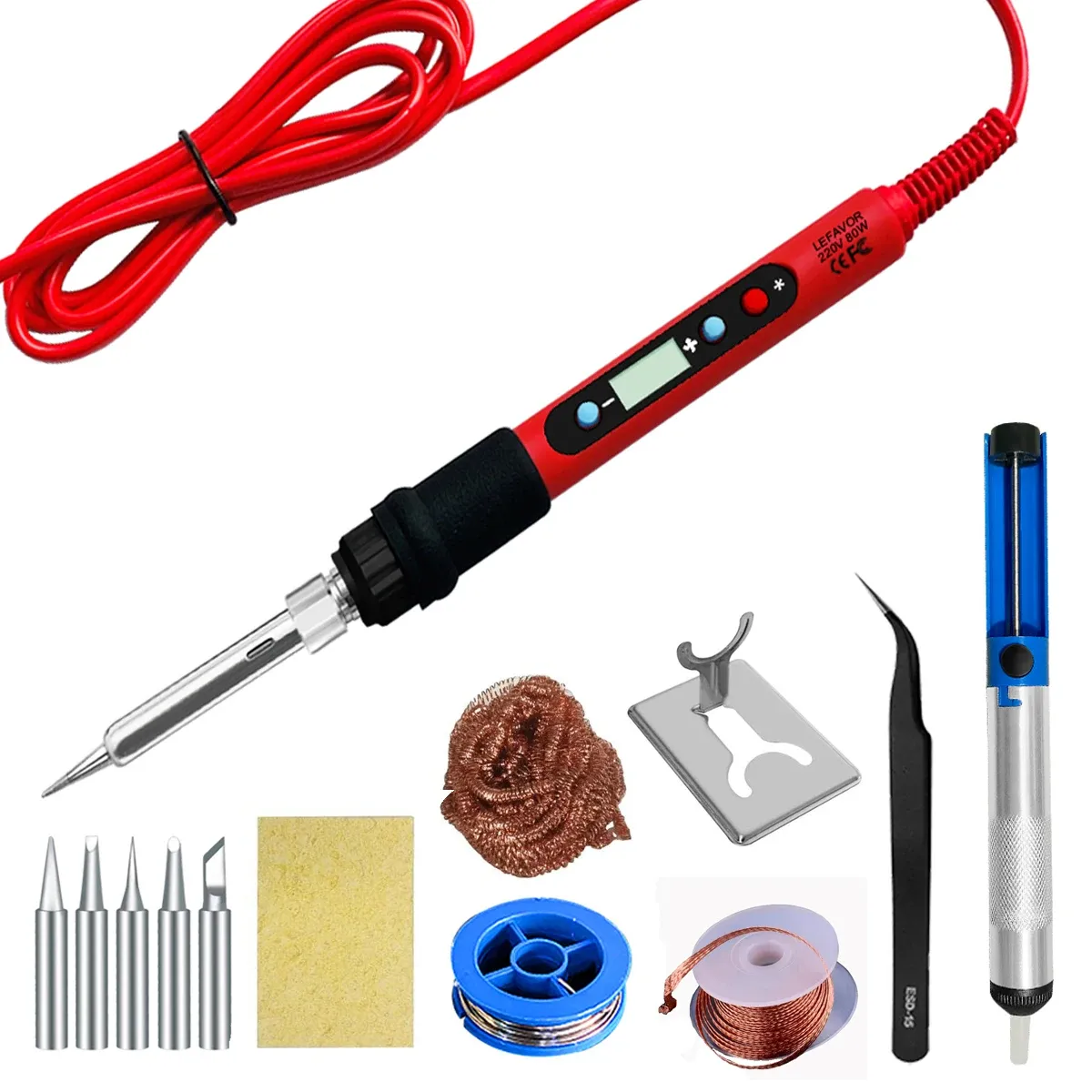 Kit de fer à souder 80 W à température réglable avec écran LCD, chauffage céramique, pointes de soudage, pincettes et fil à souder 10