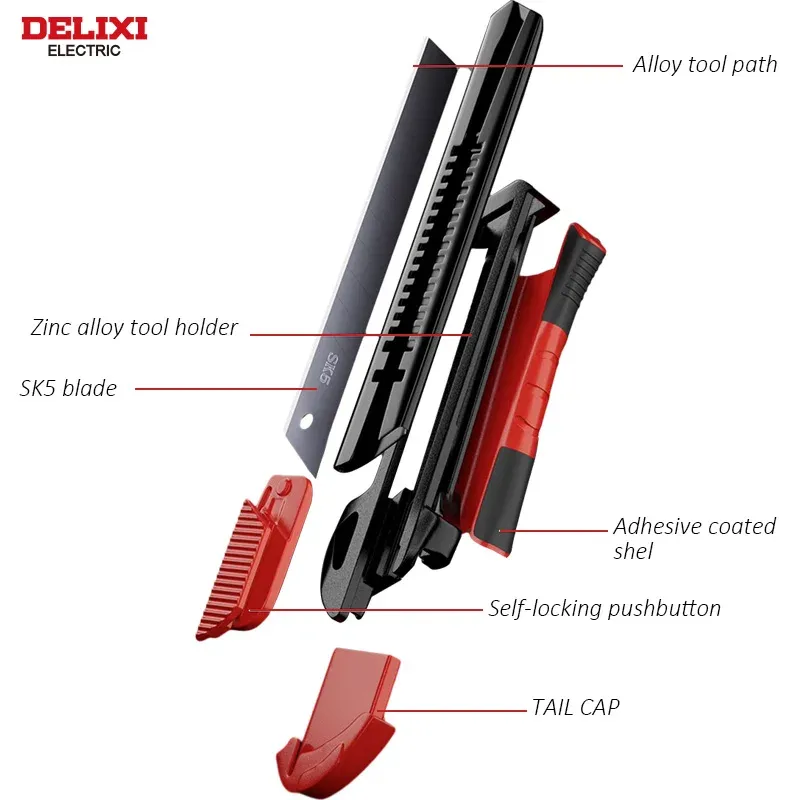 Couteau utilitaire DELIXI ELECTRIC à lame rétractable en acier SK5 remplaçable, pour une coupe nette du papier, du tissu, du bois, du caoutchouc et du plastique 2