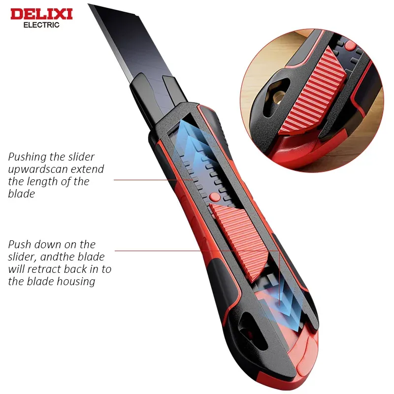 Couteau utilitaire DELIXI ELECTRIC à lame rétractable en acier SK5 remplaçable, pour une coupe nette du papier, du tissu, du bois, du caoutchouc et du plastique 3