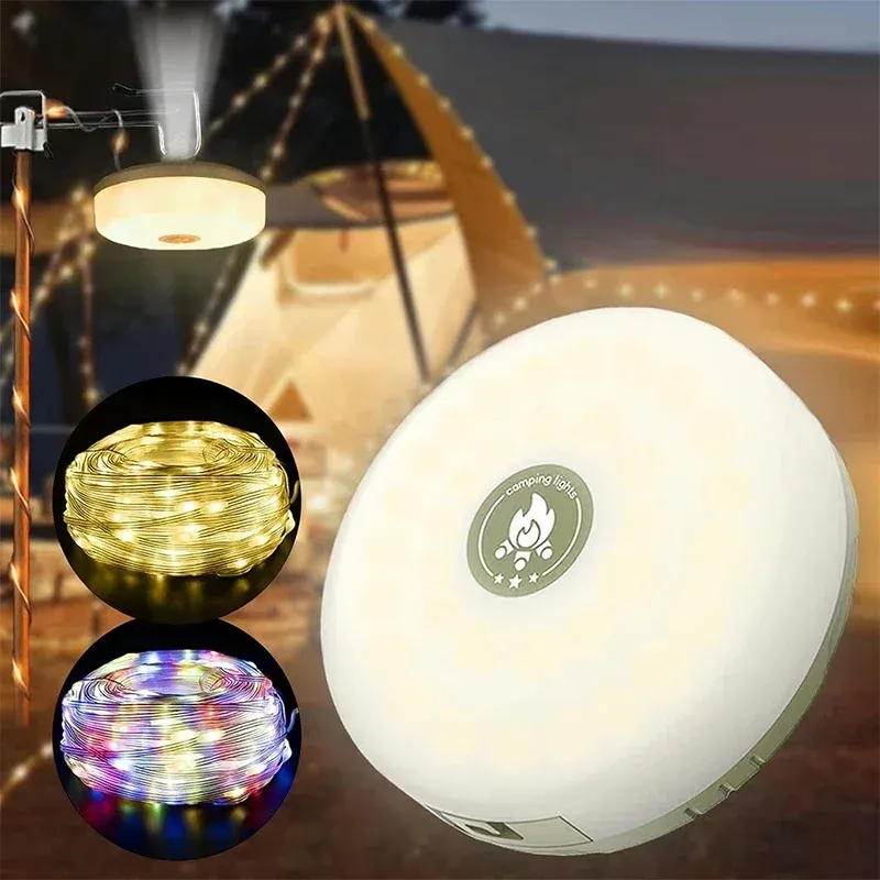 Lampe de camping LED 4 en 1 rechargeable par USB, guirlande lumineuse extérieure sur bobine, veilleuse recyclable pour jardin, tente et décoration de chambre