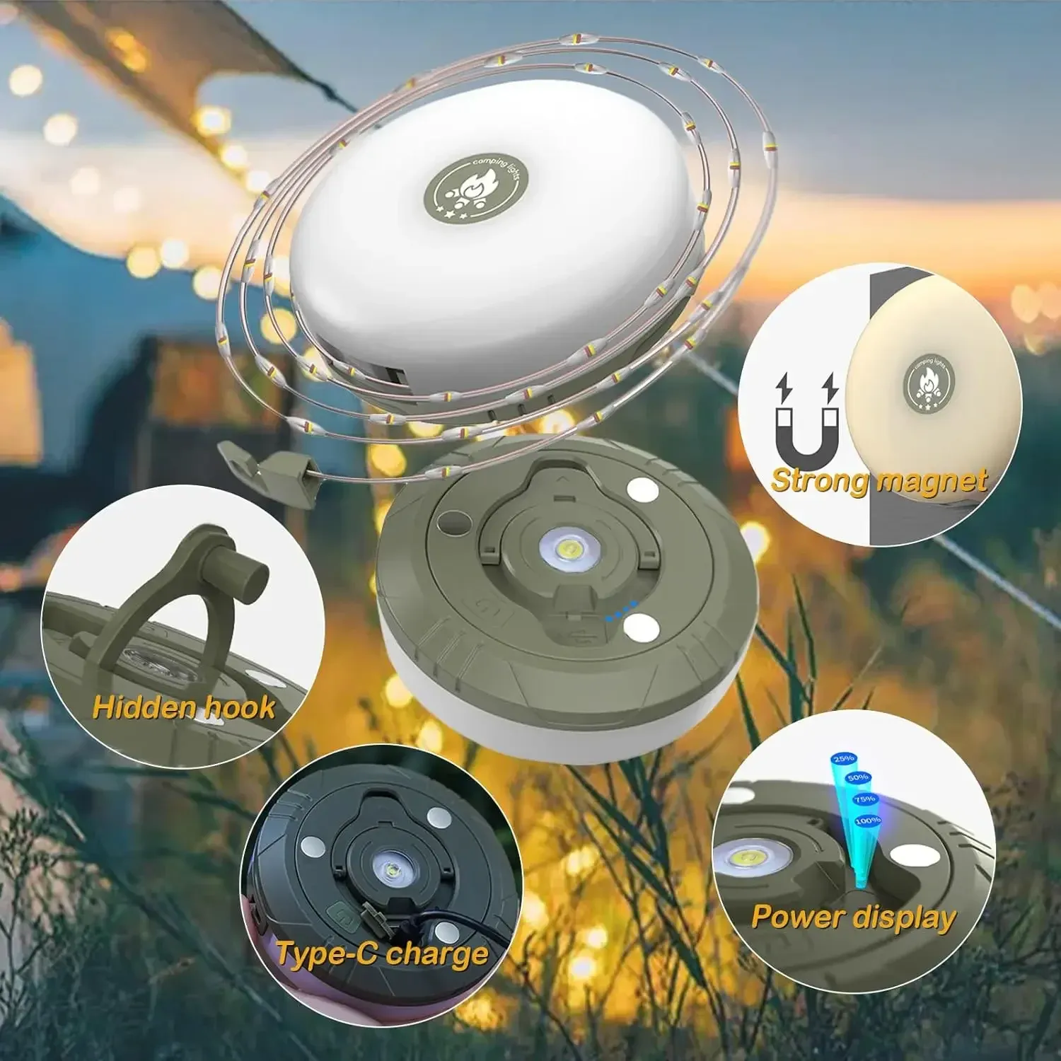 Lampe de camping LED 4 en 1 rechargeable par USB, guirlande lumineuse extérieure sur bobine, veilleuse recyclable pour jardin, tente et décoration de chambre 2