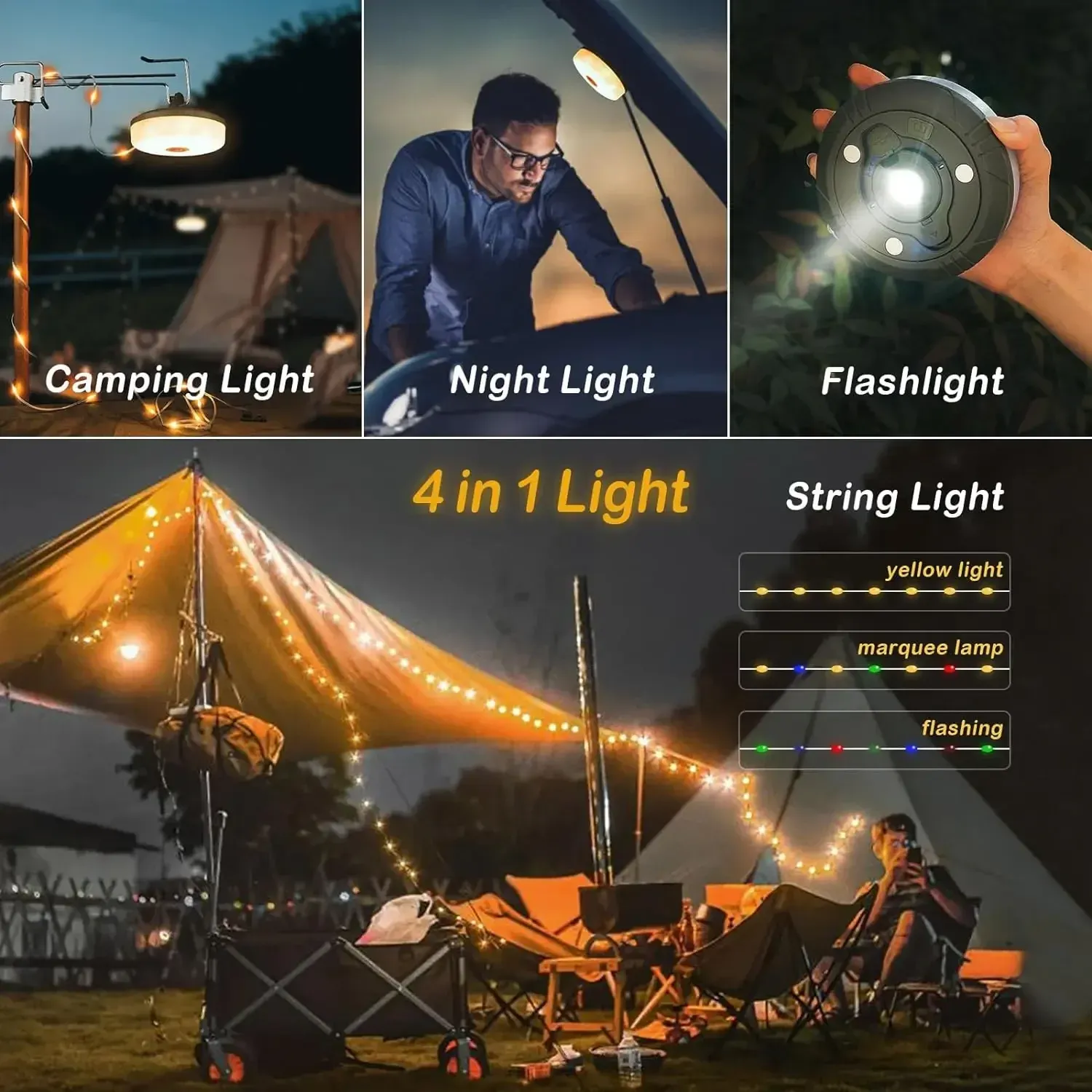 Lampe de camping LED 4 en 1 rechargeable par USB, guirlande lumineuse extérieure sur bobine, veilleuse recyclable pour jardin, tente et décoration de chambre 4