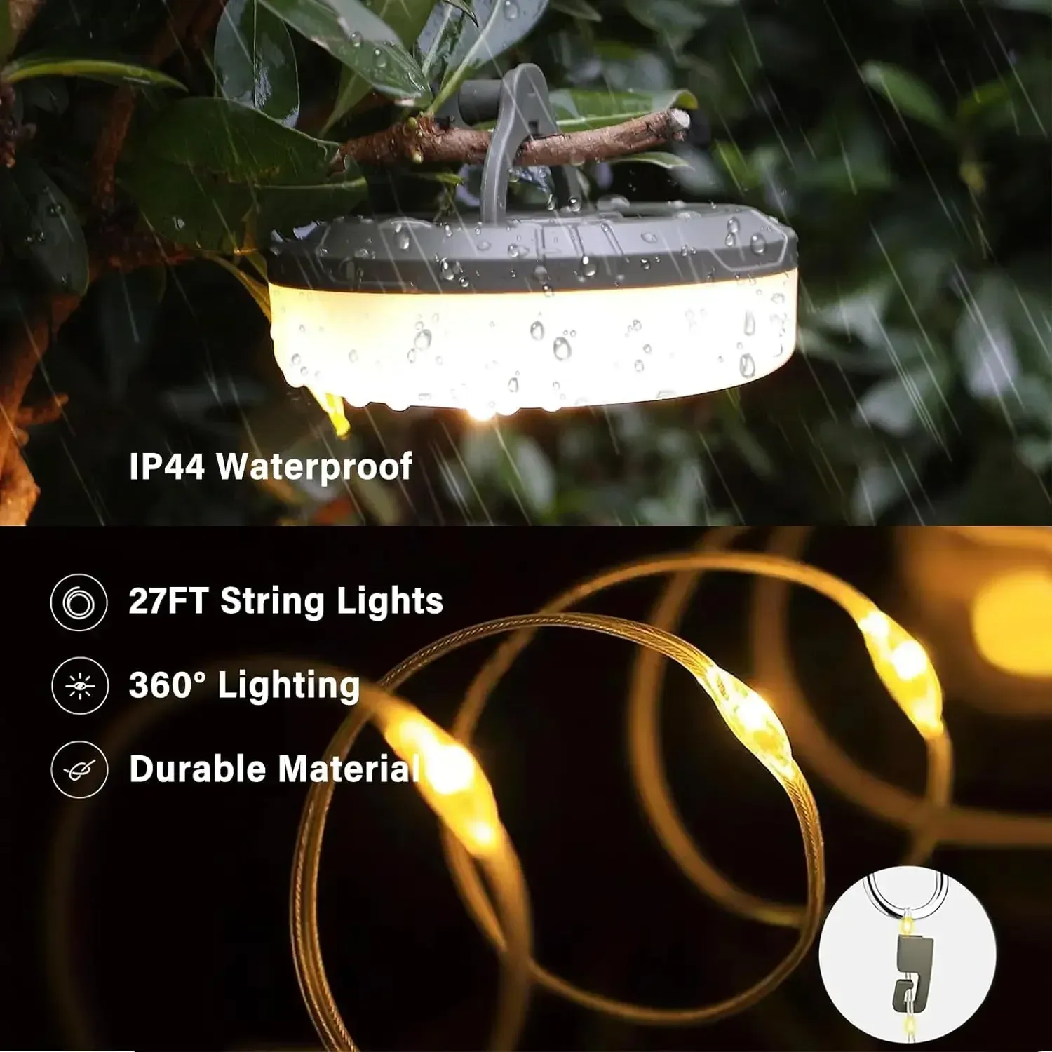Lampe de camping LED 4 en 1 rechargeable par USB, guirlande lumineuse extérieure sur bobine, veilleuse recyclable pour jardin, tente et décoration de chambre 5