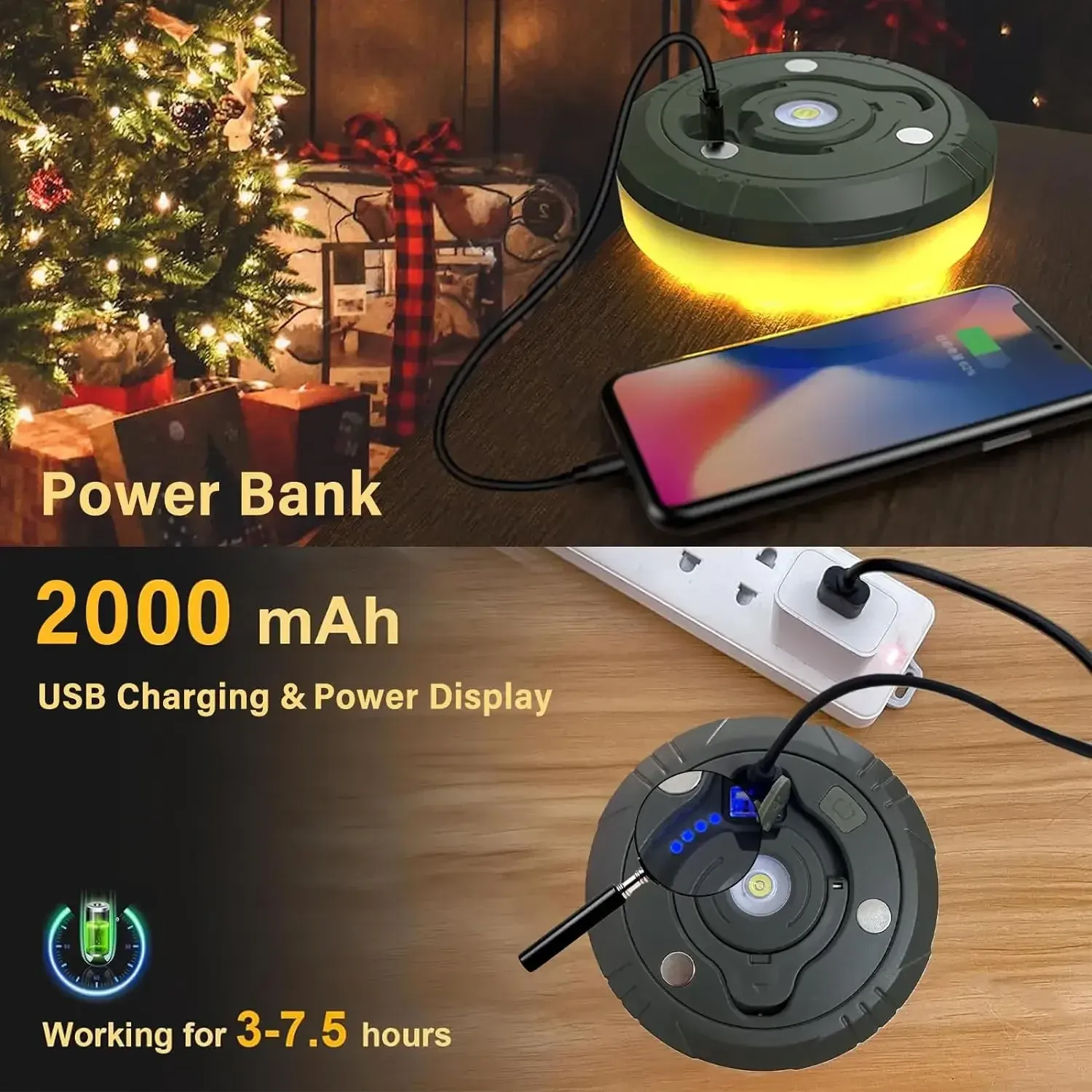 Lampe de camping LED 4 en 1 rechargeable par USB, guirlande lumineuse extérieure sur bobine, veilleuse recyclable pour jardin, tente et décoration de chambre 6