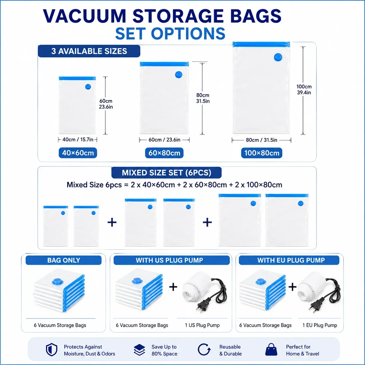 Sacs de rangement sous vide pour vêtements, assortiment de tailles, organiseur de voyage avec pompe électrique en option 2