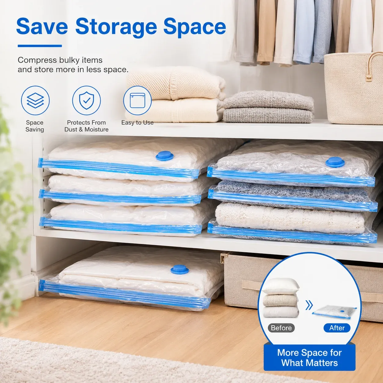 Sacs de rangement sous vide pour vêtements, assortiment de tailles, organiseur de voyage avec pompe électrique en option 4