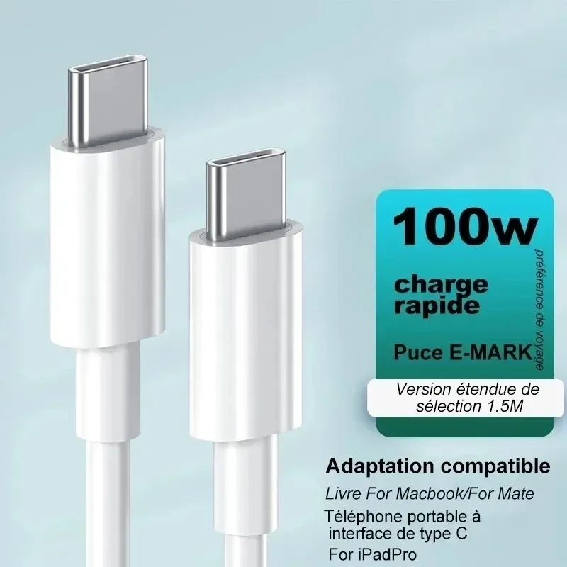 Câble USB-C vers USB-C à charge rapide Power Delivery 100 W, compatible iPhone 15 Pro Max, iPad Air 5, MacBook, Huawei Mate 60 et Samsung 5