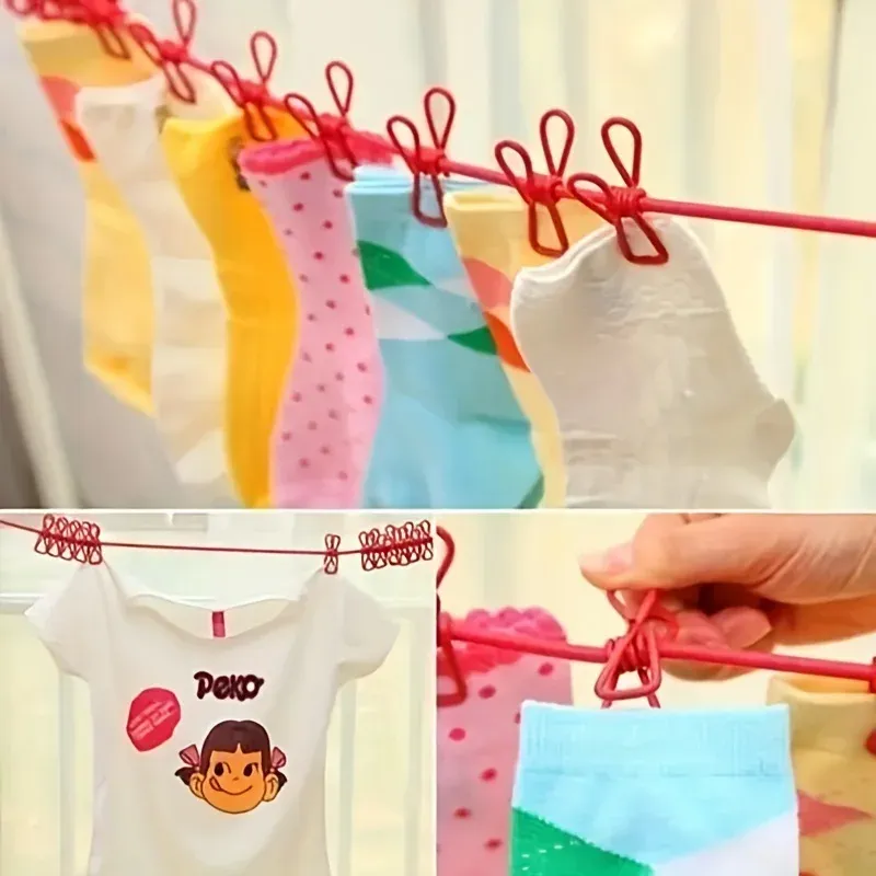 Corde à linge portable rétractable avec 12 pinces, coloris assorti, pour extérieur, sans perçage requis, idéale pour le camping et les voyages 2