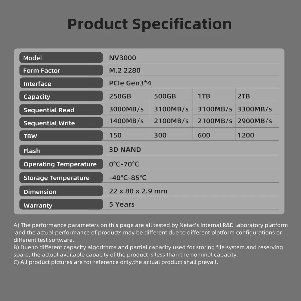 SSD interne Netac M.2 NVMe 2 To, PCIe 3.0, jusqu'à 3 500 Mo/s, avec dissipateur thermique 6