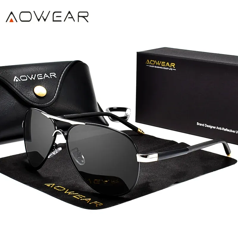 AOWEAR Lunettes de soleil d'aviateur polarisées pour homme, verres miroir HD pour la conduite 2