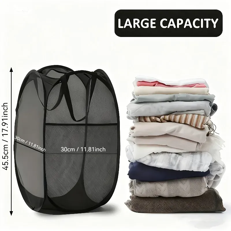 Panier à linge pliable pop-up en maille avec poignée ergonomique, rangement portable pour salle de bain et chambre 2