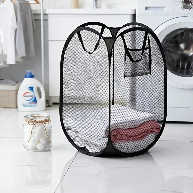 Panier à linge pliable pop-up en maille avec poignée ergonomique, rangement portable pour salle de bain et chambre 6