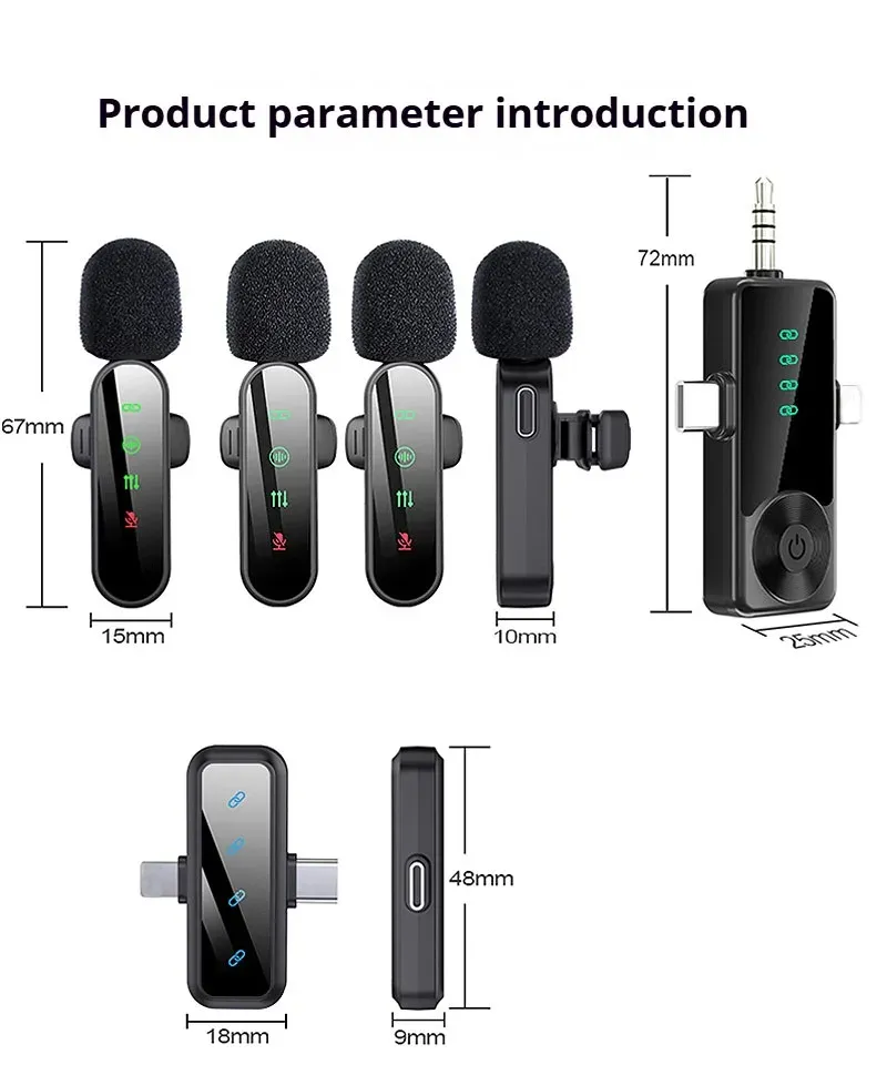 Microphone cravate sans fil rose avec réduction de bruit, bonnette anti-vent et écran LED, compatible iPhone, Android et appareils photo 6
