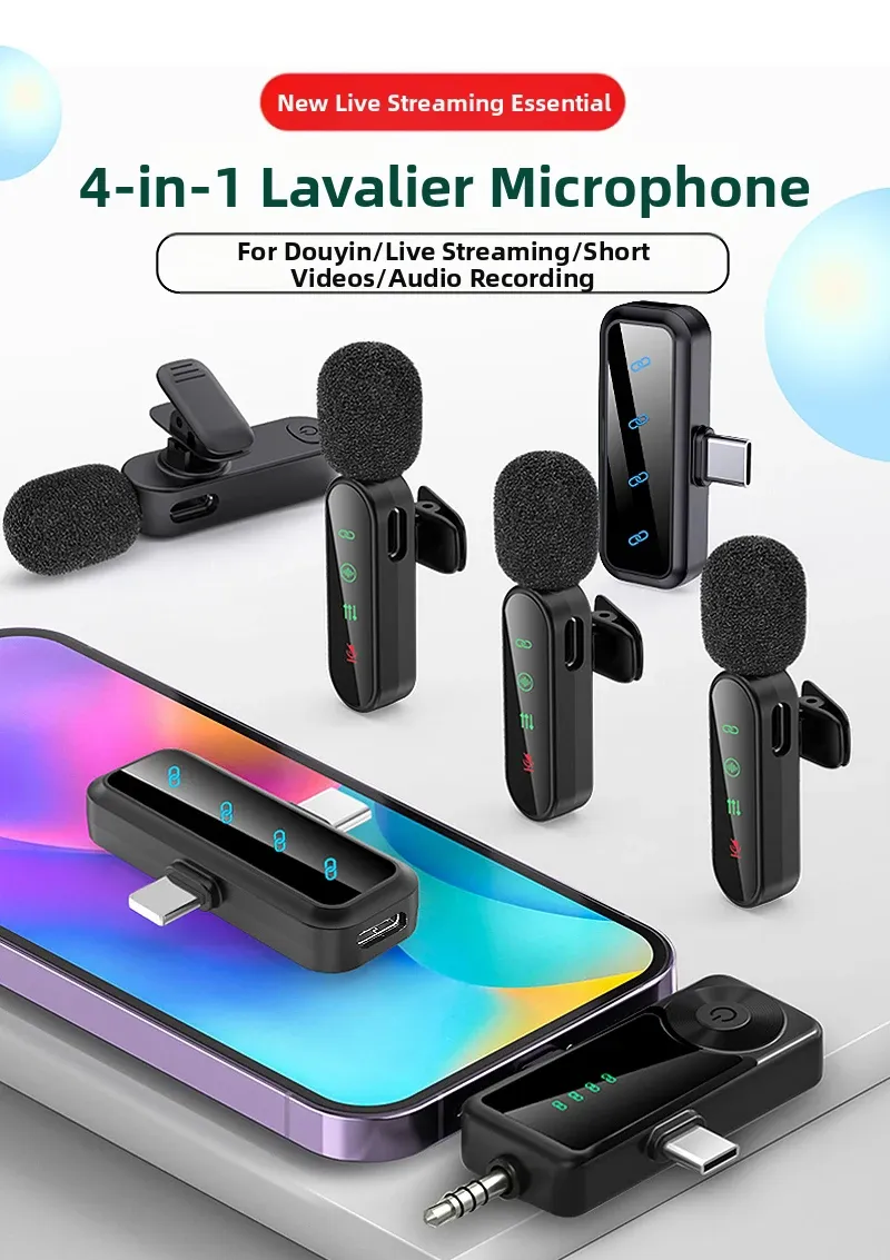 Microphone cravate sans fil rose avec réduction de bruit, bonnette anti-vent et écran LED, compatible iPhone, Android et appareils photo 4