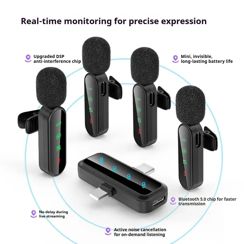 Microphone cravate sans fil rose avec réduction de bruit, bonnette anti-vent et écran LED, compatible iPhone, Android et appareils photo 5