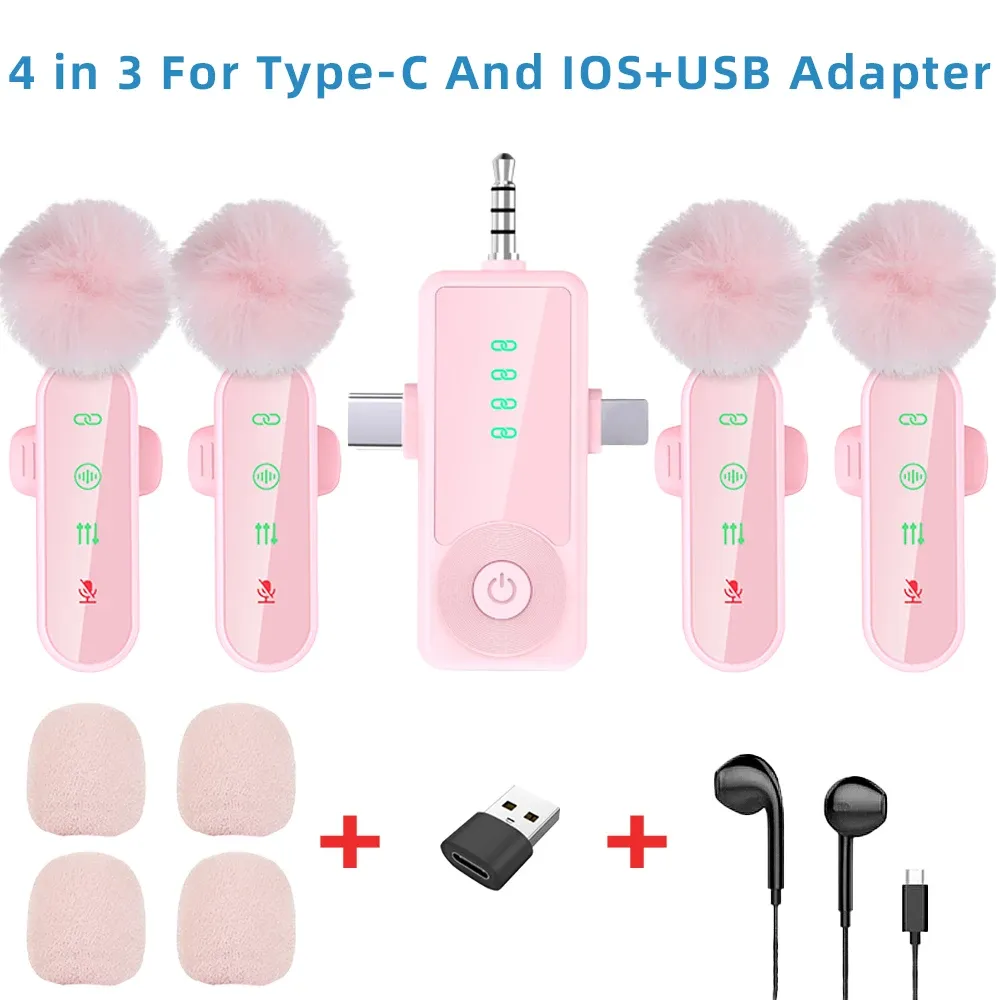 Microphone cravate sans fil rose avec réduction de bruit, bonnette anti-vent et écran LED, compatible iPhone, Android et appareils photo 14