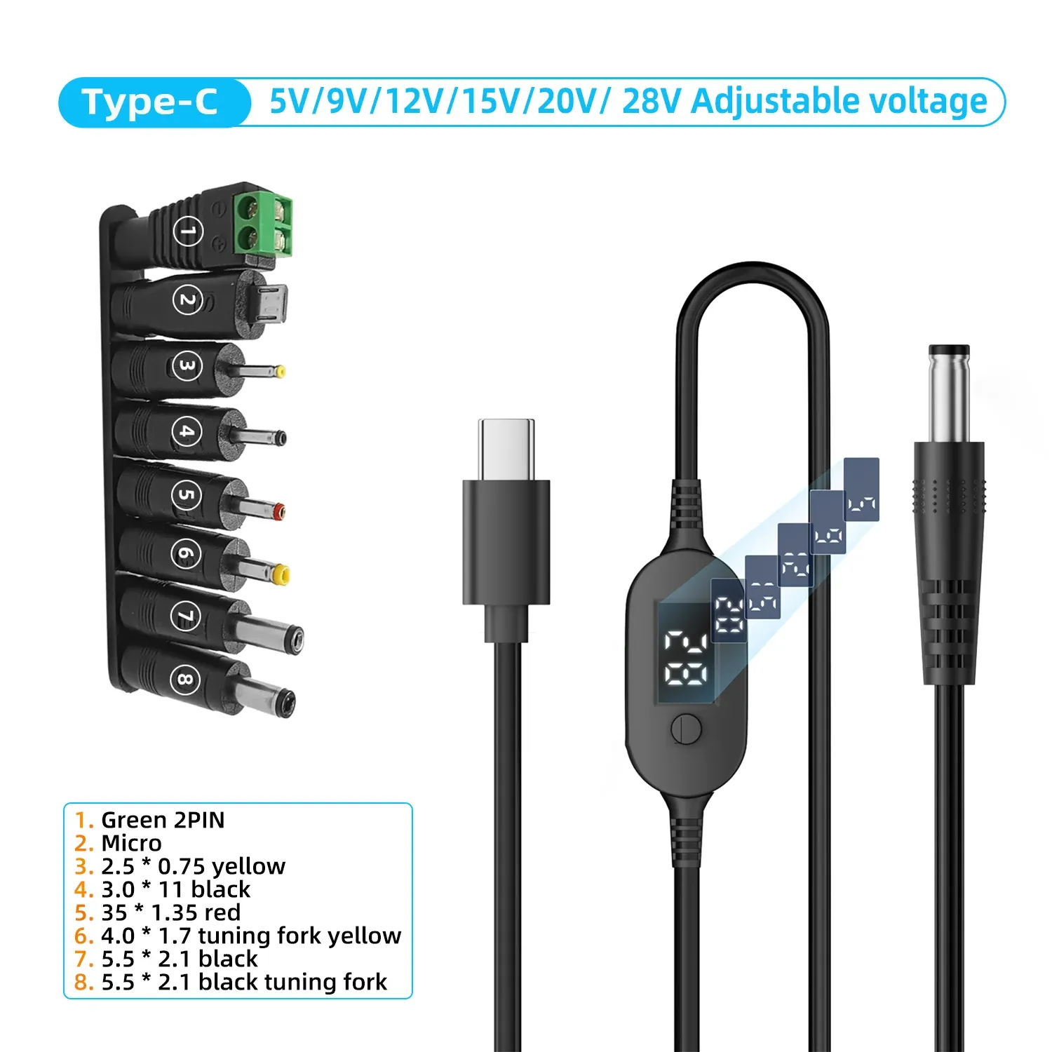 Câble d'alimentation USB-C vers DC 140 W à tension réglable 5 V, 9 V, 12 V, 15 V, 20 V et 28 V pour routeurs d'ordinateurs portables 10