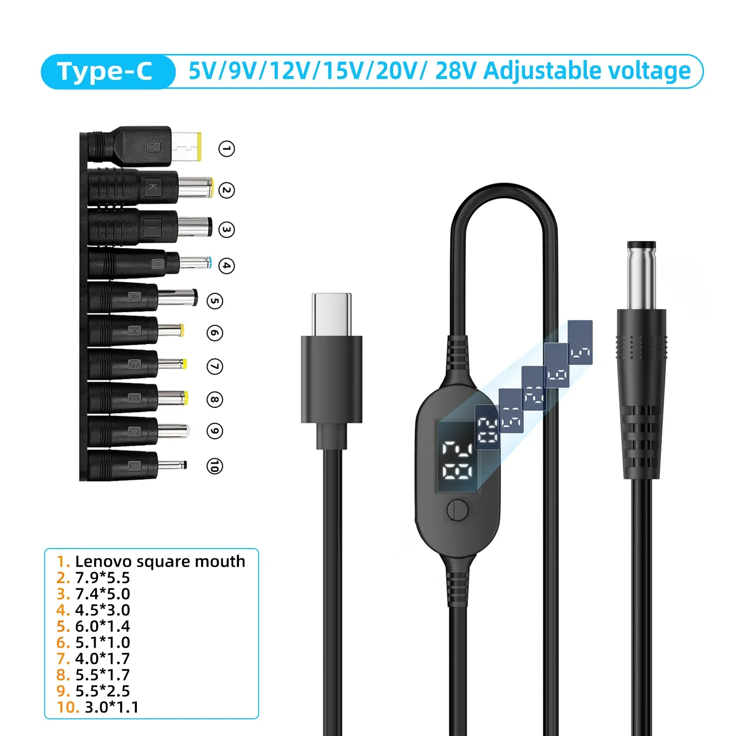 Câble d'alimentation USB-C vers DC 140 W à tension réglable 5 V, 9 V, 12 V, 15 V, 20 V et 28 V pour routeurs d'ordinateurs portables 11