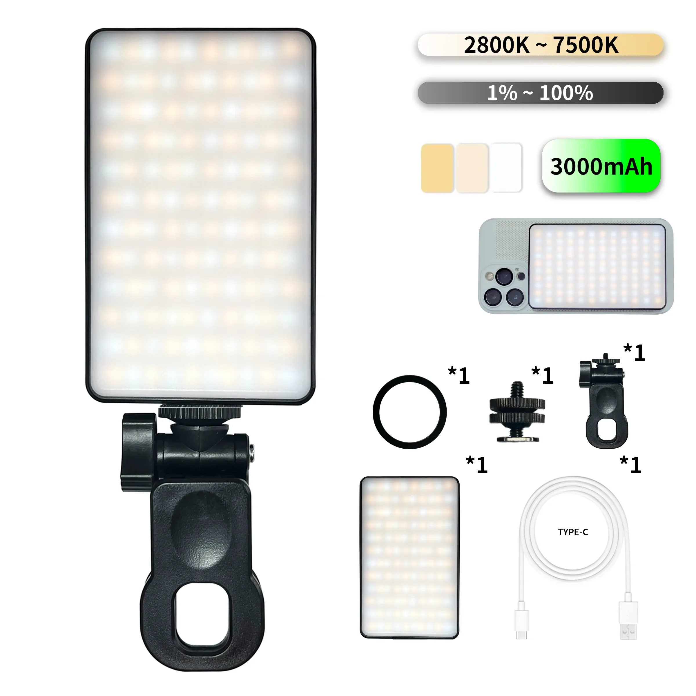 Lumière LED magnétique rechargeable pour selfie, 3 modes d'éclairage variable, 3000 mAh, 120 LED, à clip pour téléphone, ordinateur portable et PC, maquillage, vidéo, 1 pièce 5