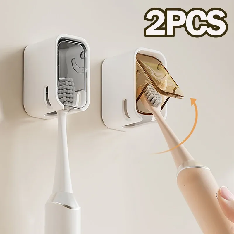 Porte-brosse à dents mural rabattable, lot de 2, avec boîte anti-poussière pour brosse électrique