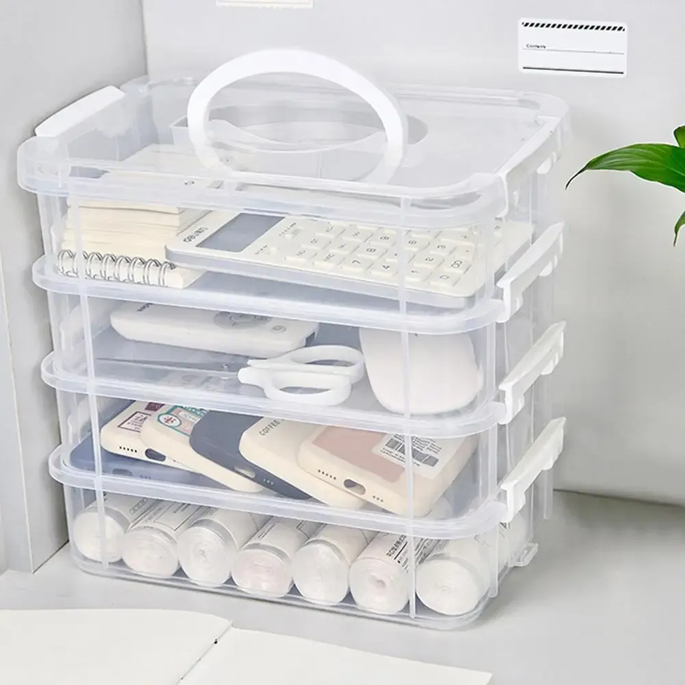Organisateur extra large à 4 niveaux avec couvercle, boîte de rangement empilable en plastique transparent avec tiroirs et poignée 2