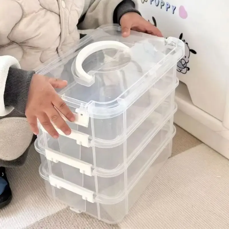 Organisateur extra large à 4 niveaux avec couvercle, boîte de rangement empilable en plastique transparent avec tiroirs et poignée - Image 1