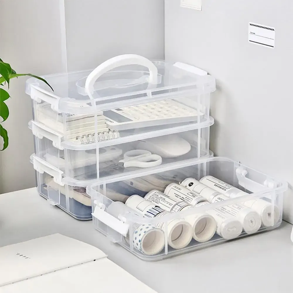 Organisateur extra large à 4 niveaux avec couvercle, boîte de rangement empilable en plastique transparent avec tiroirs et poignée 3