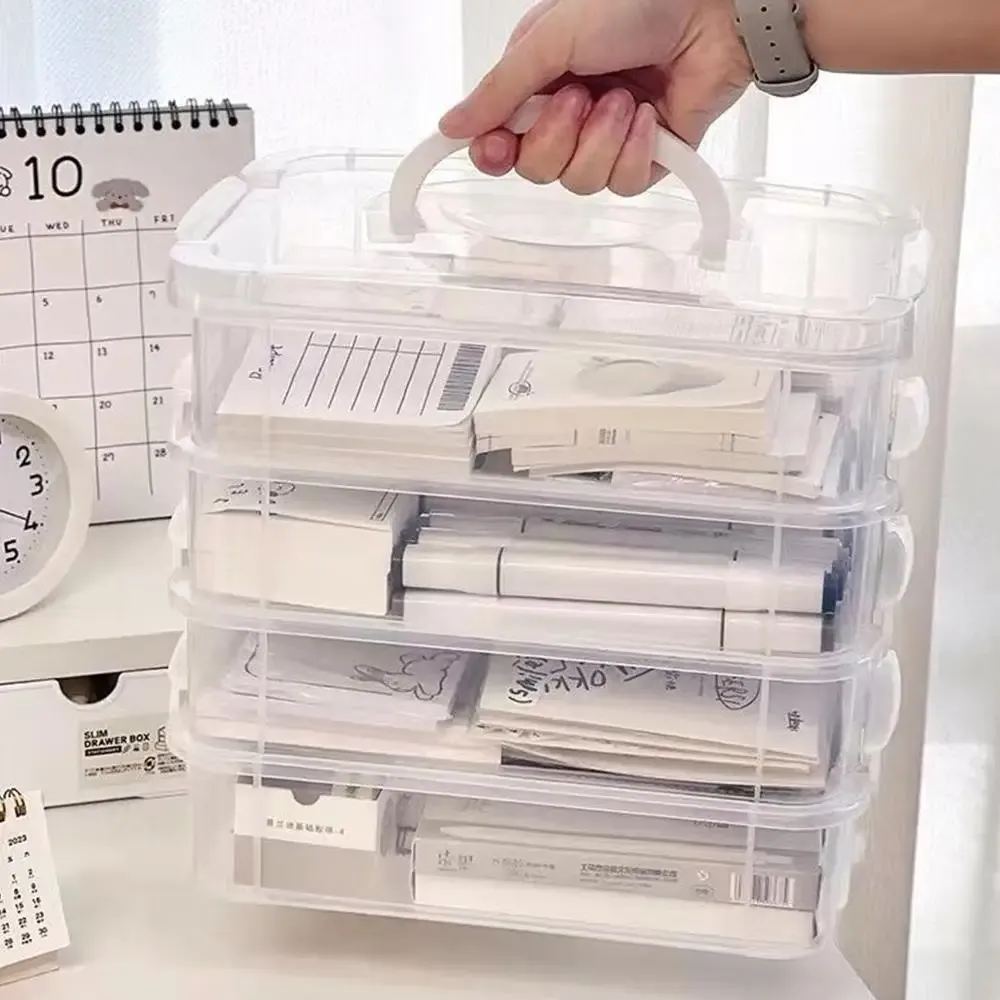 Organisateur extra large à 4 niveaux avec couvercle, boîte de rangement empilable en plastique transparent avec tiroirs et poignée 4